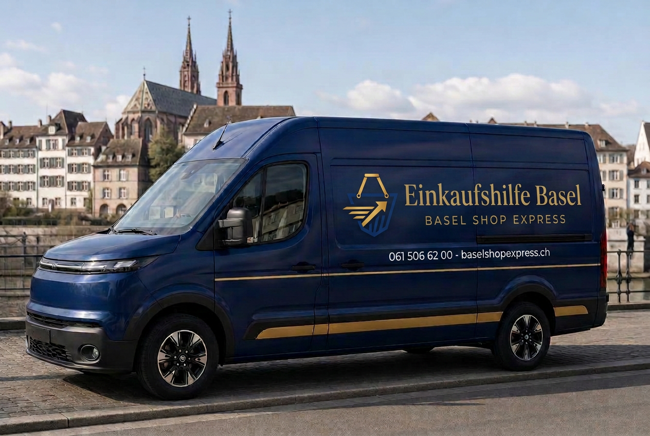 Lieferwagen von Einkaufshilfe Basel in Blau und Gold